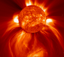 Composite image of the Sun in extreme ultraviolet light. Photo courtesy of Steele Hill & the SOHO consortium. 