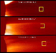Periodic comet P/2007 R5 (SOHO), seen with SOHO's Large Angle and Spectrometric Coronagraph camera. A yellow box has been added to the picture to highlight the tiny comet, which appears as a white dot in the center. 